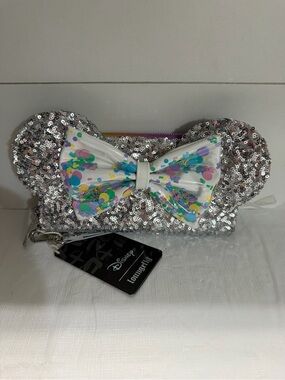 Loungefly Disney Silver Sequin Minnie Ear Wristlet with Colorful Confetti Bow